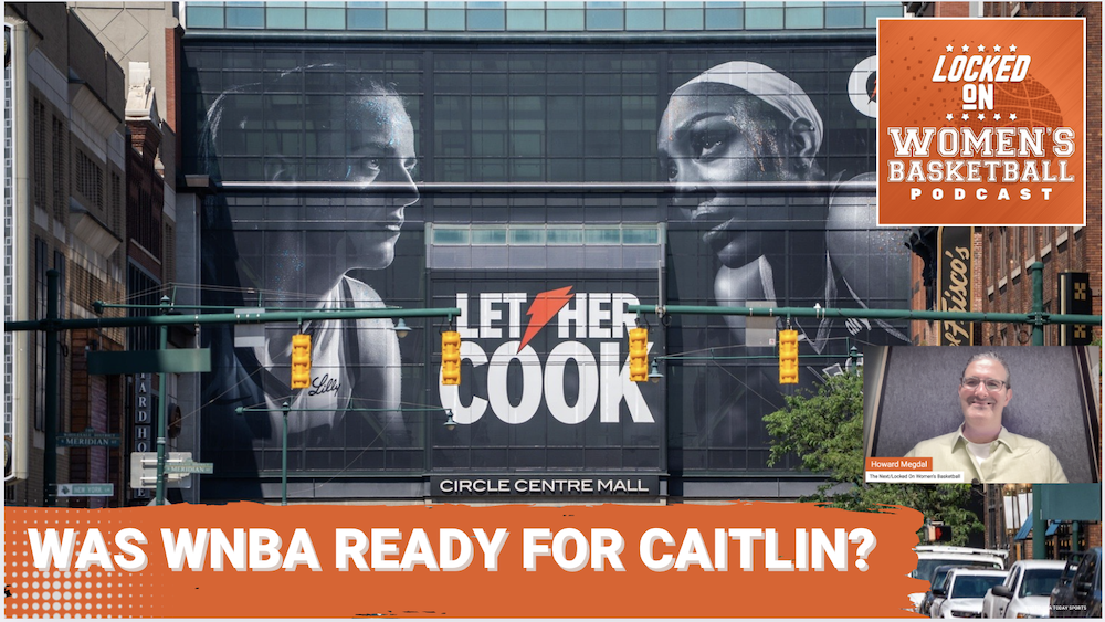 On a bill baord, Caitlin Clark and A'ja Wilson fce each other with the words "Let her cook" and Gatorade logo inbetween them